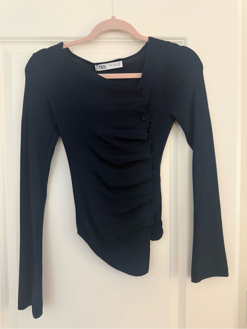 Zara navy Asymmetric Ruched Long-Sleeve Top